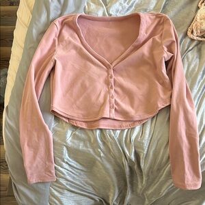 Pink Long Sleeve Button-Up Crop Top